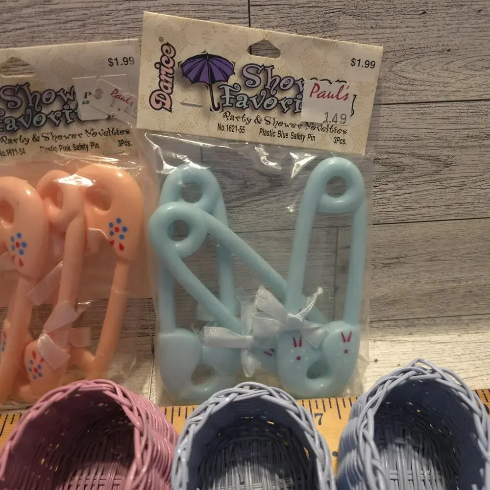 Vintage‎ Baby Shower Decor Plastic Diaper Pins Wicker Baby Shoes